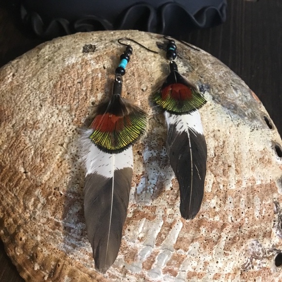 Hand Crafted Imitation Eagle & Turquoise Feather Hand Painted Tribal Earrings - Picture 5 of 16